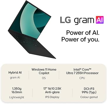 LG gram 17Z90T - 17 Inch 2.5K IPS Ultra-Lightweight Laptop, Intel Core Ultra 7 255H - EVO Edition, 16GB RAM, 1TB SSD, Windows 11 Home, gram Hybrid AI, Copilot, Black (2025)