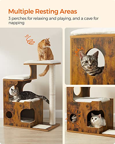 Feandrea 33.9-Inch Cat Tower, Medium Cat Tree With 3 Beds And Cave, Cat Condo Made Of Mdf With Wood Veneer, Sisal Post And Washable Faux Fur, Vintage, Rustic Brown And White Upct70Hw #TOP5
