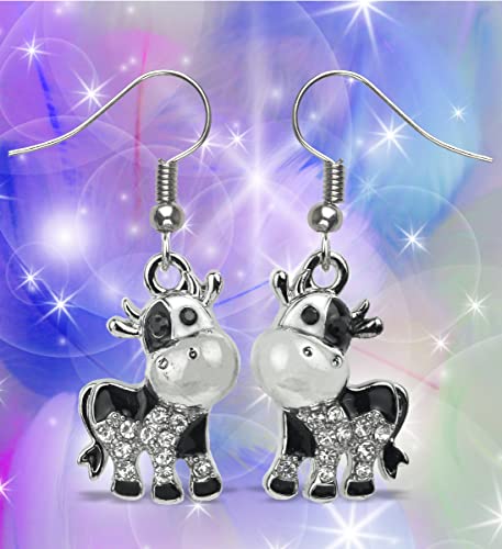 Aqua79 Cow Sparkling Earrings - Cute Silver Dangle Earrings Plated In Silver Color With Zinc Alloy Dangling Charm Sparkly Pendant, Elegant Wildlife Animal Silver Earrings Gift #TOP4