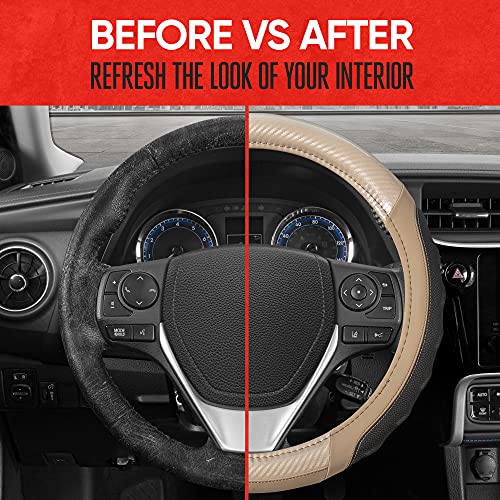 Image of Motor Trend UltraSport Beige Carbon Fiber Steering Wheel Cover, Standard 15 inch Size, Black Faux Leather Comfort Grip, Car Steering Wheel Cover for Auto Truck Van SUV