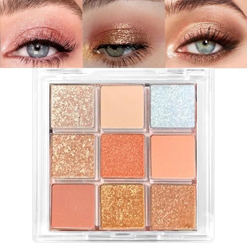 Lilbitty Paleta de sombras de ojos con purpurina de 9 colores, paleta de maquillaje de ojos pigmentados de larga duración en naranja, rosa, blanco, dorado, brillante, resistente al agua, para mujeres