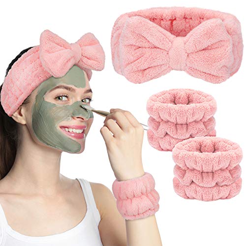 3 Pieces Spa Headband Wrist Washband Face Wash Set, Includes Microfiber Headband and 2 Pieces Wrist Washband, Facial Wash Spa Yoga Sports Headband Shower Hairband for Women Girls (Light Pink)