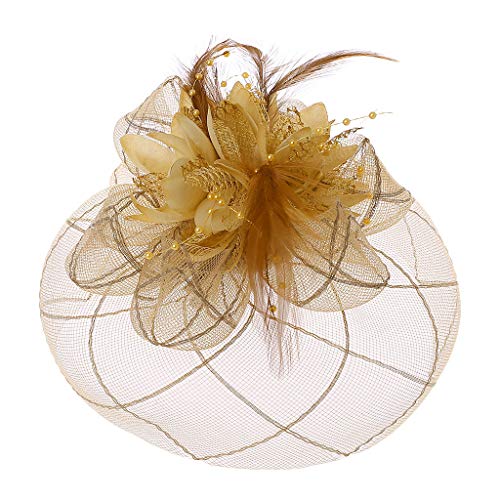 Gereiny Femmes Barrette Fascinator Fleur Pilulier Chapeau Perlé Plume Pince À Cheveux Mariage Beige Cover