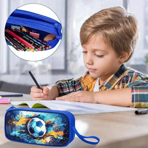 Image of TILYTADLY Large Pencil Case for Boys - Soccer Boys Pencil Pouch with Zipper Compartments - Big Capacity Pen Box Pen Bag Organizer with Keychain for Kids Teens School