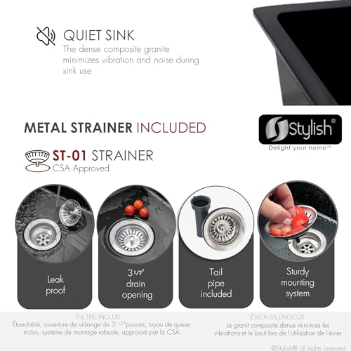 Image of Stylish Pietra 22 Inch Composite Granite Kitchen Sink, Single Bowl Dual Mount Drop-In or Undermount, Quartz Composite (80% Quartz), 8-1 /4 inch Deep, Rear Center Drain, Strainer included, Black, S-822N
