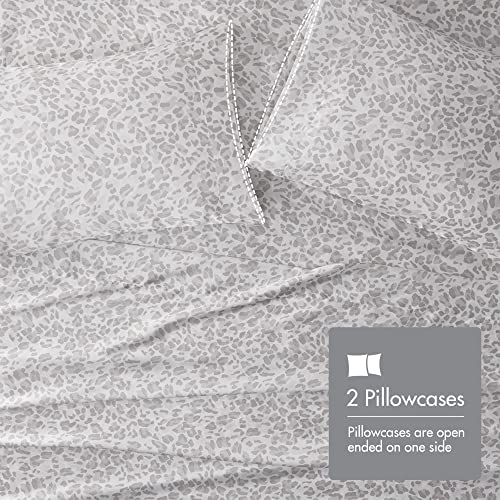 Image of Madison Park Essentials Satin Sheets Queen Bed Set, 4 Pcs, Gray Leopard | Luxury and Smooth Silky Bedding with Natural Sheen, All Around Elastic 14 inch Pocket fits up to 16 inch Mattress, Year-Round Cozy