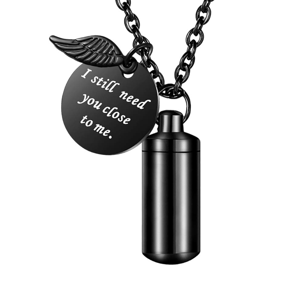 Cylinder Urn Necklace for Ashes Cremation Jewelry/Keychain for human Pet Stainless Steel Memorial Keepsake Pendant with Angel Wing Charm Ashes