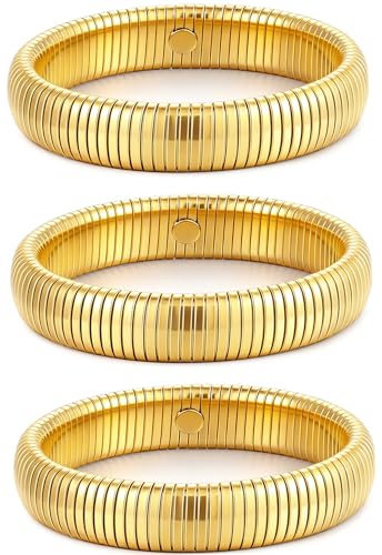 JUNYANGY Gold Bracelets for Women Set of 3 Gold Chunky Stretch Bangles Bracelets 24K Gold Plated...