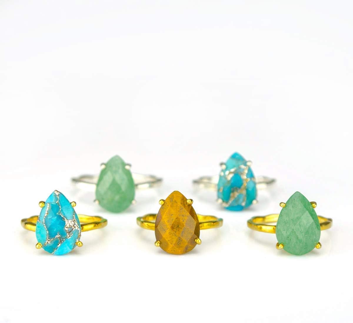 Green Aventurine Teardrop Ring, Vermeil Gold or Sterling Silver, Prong set ring