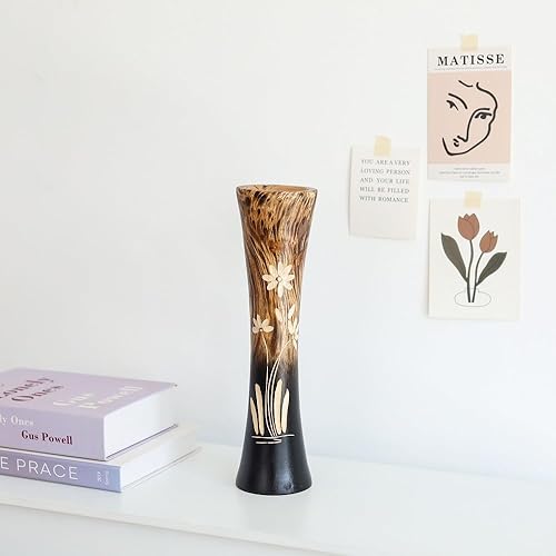 Miniatura 4 de Florero de madera de mango natural, flores talladas a mano, 12 pulgadas, artesanía cilíndrica curvada por artesanos tailandeses (n. 3)