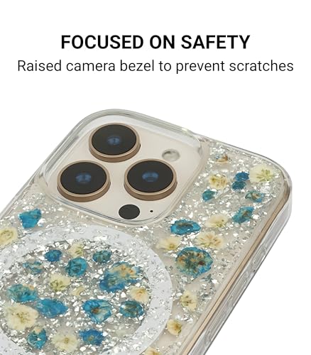 Image of Mag Flower Series Case for iPhone 16 Pro Compatible with Wireless Charging | Real Dried Flower Embedded Design | Slim Transparent Shockproof Back Cover | Blue Edition