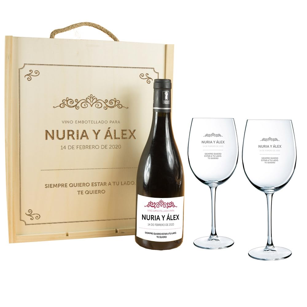 Calledelregalo Regalo Personalizado para Parejas: Kit con Botella de Vino + Copas de Vino + Caja de Madera, Todo ello Personalizable con Nombres, Fecha y dedicatoria