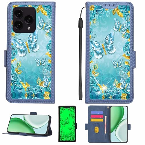 Kinetijy Case Compatible for Mobicel Ix Pro Phone Case Flip Cover [with Tempered Glass Screen Protector][RFID Blocking][Gold Glitter+Luminous] LPT-YHD