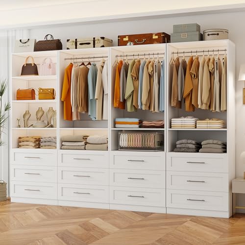 Image of Closet System with 12 Drawers, 8FT-21FT Wood Closet Organizer System, Walk-in Closet for Closet System with Shelves, Modular Closet Storage Systems with 7 Expandable Hanging Rods, 4 Sets