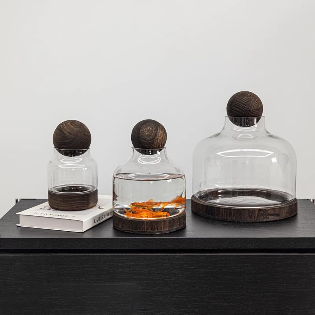 Acquario per Pesci Betta, Boccia in Vetro per Pesci Betta con Base in Legno, Acquario per Pesci Micro-Paesaggio, Acquario 2 in 1 con Vaso in Vetro per Fiori,S