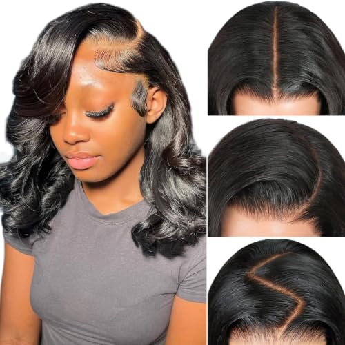 UWLK 16 Inch Bob Wig Human Hair Body Wave 13x6 HD Lace Front Wigs Human Hair Pre Plucked Body Wave Bob Wigs for Black Women Glueless Frontal Wigs with Baby Hair Natural Black 180 Density