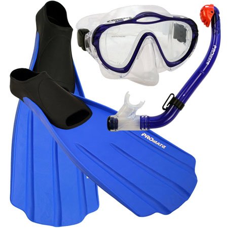 Promate Junior Snorkeling Scuba Diving Purge Mask Dry Snorkel Full Foot Fins Set for Kids, Blue, XS (Shoe: 3-5)