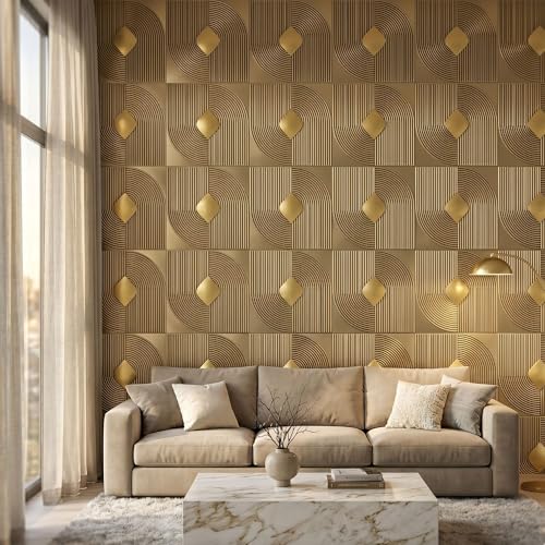 Image of Kayra Decor 3D PVC Wall Panels with Acrylic Finish for Bedroom & Living Room, Curve Line Design Champagne Gold, 19.7 x 19.7 Inch, Pack of 40 (107.6 Sq Ft)