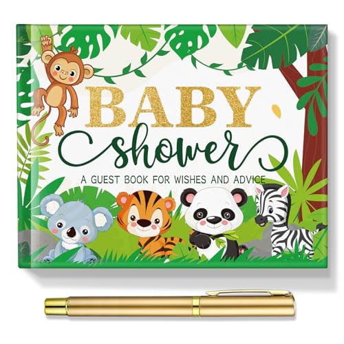 Image of Fuyoooo 27 Pcs Jungle Safari Baby Shower Guest Book Set Baby Shower Sign in Guest Floral Book Place Table Cards with Gold Pen Adhesive Photo Corner for Birthday Party