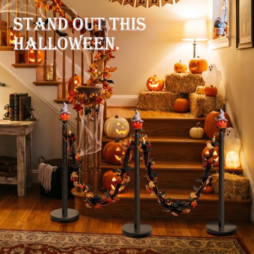 Image of 4 Pack Halloween Hat Pumpkin Head Black Stanchions and Velvet Ropes Set, Stainless Steel Crowd Control Barriers, 3Pcs Black Ropes and Poles for Party,Photobooth Accessories, Prom,Halloween Decorations