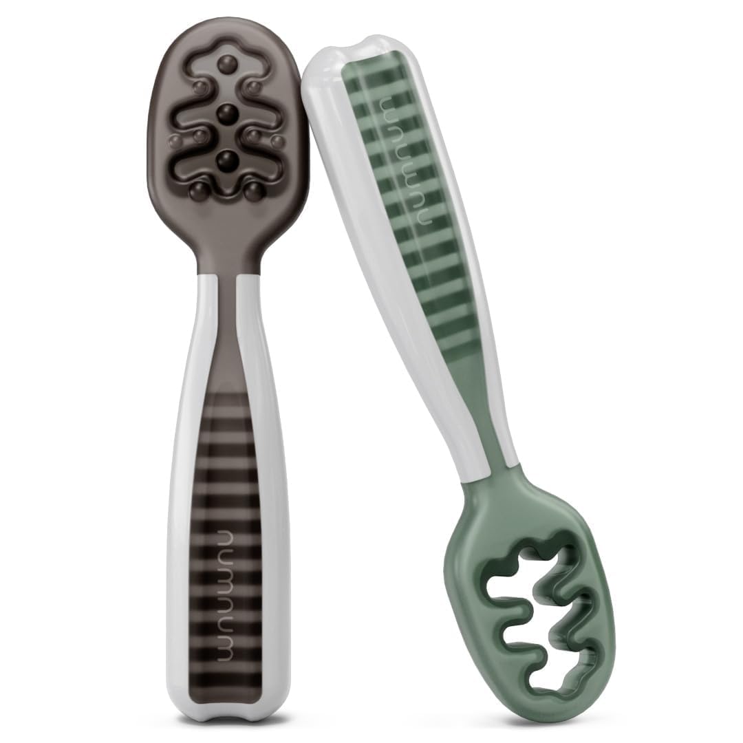 Num Num NumNum Pre-Spoon Gootensils | Baby Spoon Set (Stage One + Stage Two) | Bpa Free Silicone Self Feeding Utensil | #1 Doctor Recommended Baby Led Weaning Spoon for Kids Ages 6 Months+ (Gray/Green)