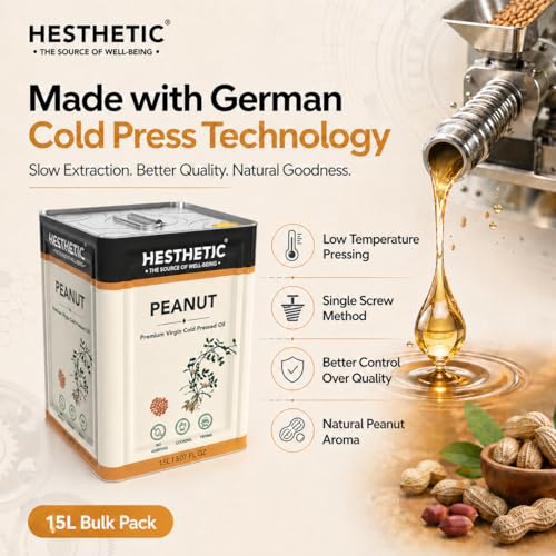 Image of HESTHETIC Cold Pressed Peanut (Groundnut) Oil 15L Bulk Family Pack | Pure Moongfali Ka Tel | Joint-Family Cooking Oil, Unrefined, High Smoke Point | Best Per-Litre Value