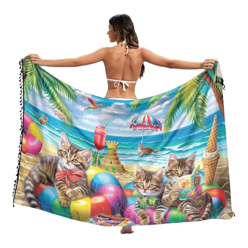 Sarong mit weißen Katzen, Strandtuch, Sarong mit Fransen, Badeanzug, Schal, Sommer-Wickeltuch, Strandszene Katzen, Medium