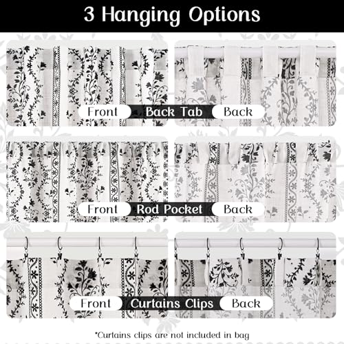 Image of Yinhua Boho Curtains for Living Room 84 Inch Length Vintage Linen Curtains for Bedroom Light Filtering Floral Window Curtain Rod Pocket & Back Tabs Rustic Tassel Drapes with Tiebacks, White Black