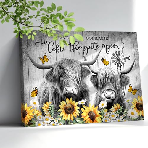 Image of Farmhouse Highland Cow Wall Art Rustic Sunflower Butterfly Cow Pictures Wall Decor Western Country Animal Cattle Canvas Print Framed Artwork Farm Cow Painting for Bathroom Bedroom Living Room 12"x16"