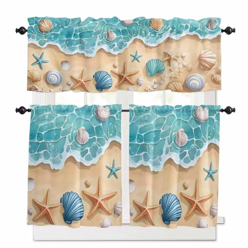Ocean Starfish Kitchen Curtains 24 Inch Length, 3 Piece Rod Pocket Small Half Tiers and Valance Set, Coastal Seaside Shell Modern Beach Small Large Window Treatment Decor for Bedroom/Bathroom Sink