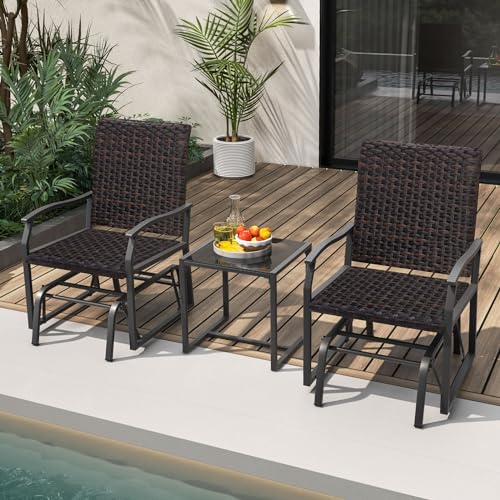 Image of Tangkula 3 Piece Patio Furniture Set, All Weather Resistant Wicker Swing Glider Set w /Tempered Glass Coffee Table, Rattan Seat w /Quick Dry Foam, Rocking Chair Set for Backyard, Poolside, Front Porch