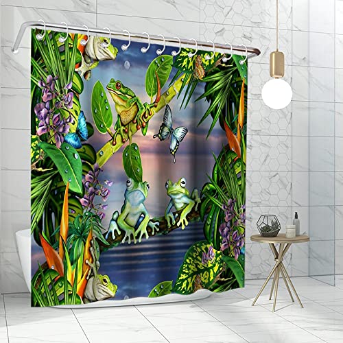 Lifeasy Tropical Forest Tree Frog Shower Curtain Palm Leaves Jungle And Flowers Theme Fabric Bathroom Decor Sets With Grommets And Hooks 72" L X 72" W #TOP2