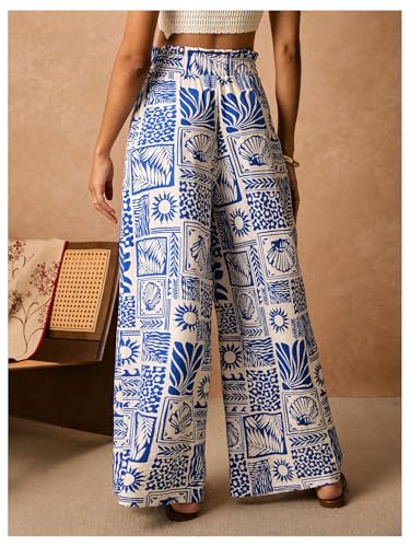 WDIRARA Women's Boho Tropical Graphic Palazzo Pants Elastic High Waisted Wide Leg Pants2