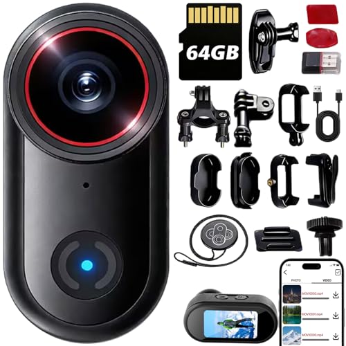 4k Sports Action Camera, Mini Body Camera with Audio and Video Recording, Wearable Action Body Cam, Thumb Size Pov Camera Magnetic Back Clip, Camcorder for Cycling,Travel,Pet,Vlogging (64 GB)