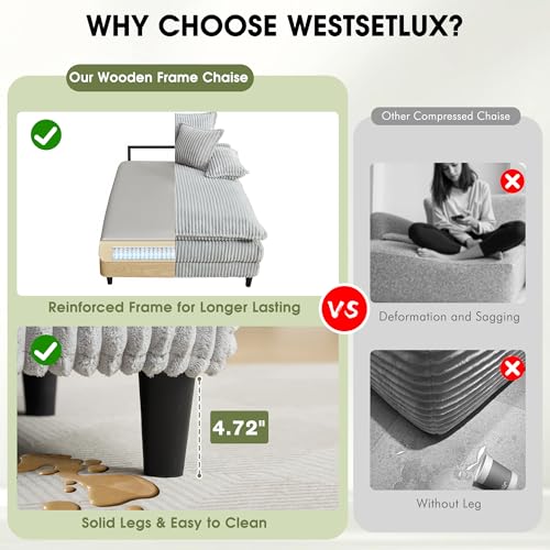 Image of WESTSETLUX 54.8 inch W Oversized Chaise Lounge Chair Indoor with 5-Position Adjustable Backrest, Corduroy Sleeper Sofa Bed with 3 Pillows, Modern Cloud Couch Chair for Living Room, Bedroom, Grey