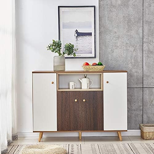 Sanery Modern Design White & Brown Wooden Sideboard Cupboard Cabinet Kitchen Storage Organiser Unit (4 Door Brown)
