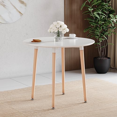 Vida Designs Batley Round Dining Table, Modern Round Kitchen Table with Natural Beech Wood Legs, Compact Dining table for Small Kitchen & Dining Room Furniture (White, 4 Seater)