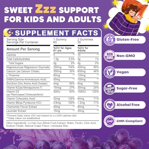 Image of Sugar Free Magnesium Glycinate Gummies for Kids & Adults - Zzz Support, Relaxation & Cognition Support, 200 /400mg Magnesium Gummies with L-Theanine, GABA, Calcium, B6, D3, C & K2, Grape Flavor, 60 Ct