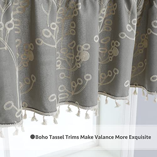 Th3Mys Tree Branch Embroidered Valance For Windows With Tassels, Boho Gingham Valances Rod Pocket Window Treatments For Bathroom Bedroom 52 X 18 Inch Avocado Gray #TOP2