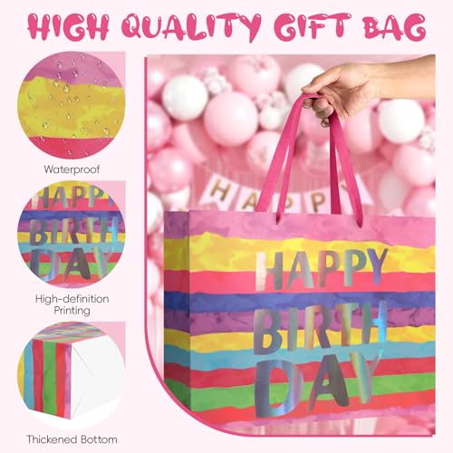 Image of JMANNI Large Happy Birthday Gift Bag with Tissue Papers and Greeting Card,Portable Paper Gift Bags with Handles, Colorful Present Bags for Women Girls Birthday Party Supplies 13 inch x 10.2 inch x 4.7 inch