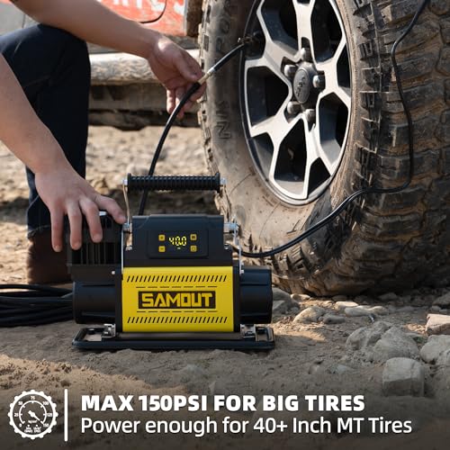 Image of SAMOUT 12V Digital Air Compressor, Offroad Portable Inflator 7.06 CFM, Air Pump Max 150PSI for Heavy-Duty Tires, with LCD Control Panel to Preset Target Pressure, 4x4 Vehicle, SUV, RV