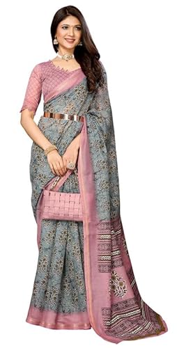 [IMTRA FASHION] 婦人向け アートシルク サリー カラムカリ 印刷された サリス と 未縫製 ブラウス ピース-グレーのサムネイル