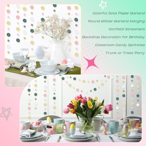 Image of Outus 5 Pieces Colorful Circle Garland Banner Hanging Paper Dot Decorations for Classroom, Birthday Party, Baby Shower, Wedding Backdrop & Photo Booth Graduation Decor (Sage Green,Pink,Gold)