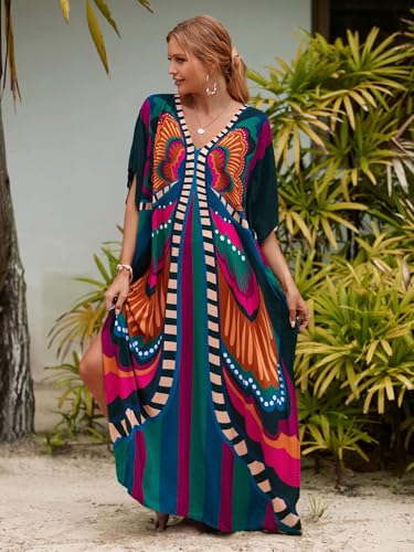 Chunoy Women Casual V Neck Kaftan Dress Kimono Sleeve Bathing Suit Beach Cover Up Caftan Side Split Dresses2