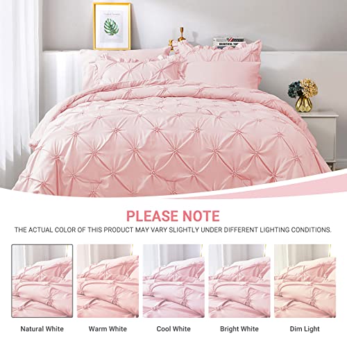 JOLLYVOGUE Pink Cal King Size Comforter Sets 7 Pieces,Pintuck Bed in a Bag Comforter Set for Bedroom, Bedding Comforter Sets with Comforter, Sheets,Ruffled Shams & Pillowcases