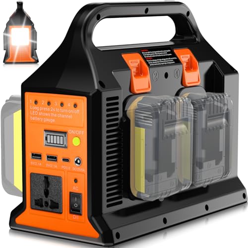 300W Portable Power Supply Inverter for DeWalt 20V MAX Li-ion Battery, DC 20V to AC 110V Power Station with AC Output, Dual USB Charger, Type-C Port, DC Output 12V/5A, 1200LM LED Light（NO Battery