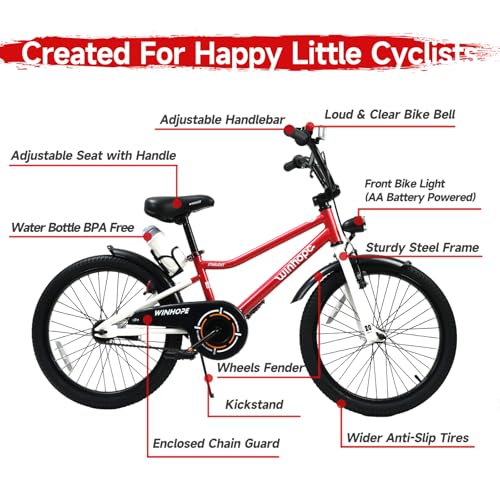 Image of WinHope Kids Bike with Headlight, 12-20 Inch Pedal Bike for 2-12 Boys Girls | Steel Frame with Training Wheels Water Bottle | Dual Brake for Summer Outdoor Riding | Birthday Gift for Toddlers