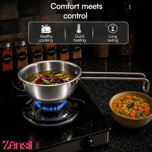 Image of Lumora Triply Stainless Steel Tadka Pan 12 cm (500 ml) with Extended Support & Riveted Stay-Cool Handle, Enhanced Stability, Tempering Pan for Dal, Curry, Ghee & Spices, Induction & Gas Ready