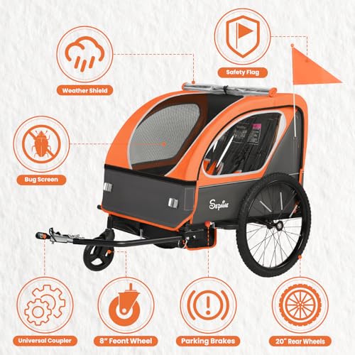 Image of Sepnine Kids Bike Trailer, 2 in1 Canopy Carrier Converts to Pushcart Suitable for 1 to 2 Toddlers, Kids, Quick Attach to Bike, Foldable, with 5-Point Harness and Storage Bags