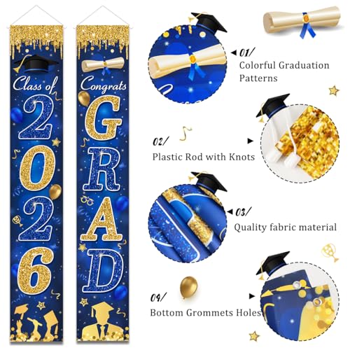 Image of Blue and Gold Graduation Decorations Class of 2026 Congrats Grad Banner and You Did It Graduation Door Cover for High School College Grad Party Supplies(Blue)